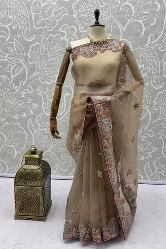 Beige Color Patch Embroidered,Dori,Multi Thread,Zari,Sequins And Zircon Diamond Work Silk Blend Saree