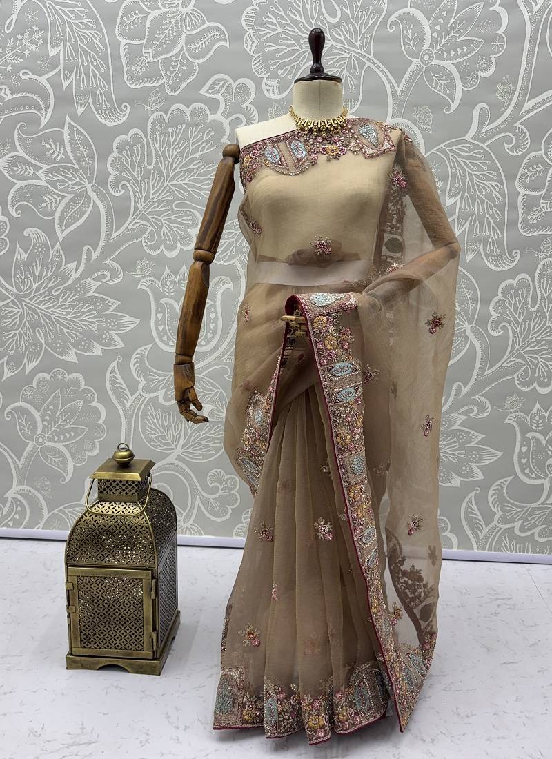 Beige Color Patch Embroidered,Dori,Multi Thread,Zari,Sequins And Zircon Diamond Work Silk Blend Saree