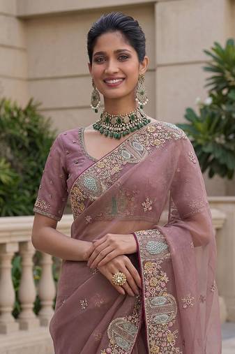 Onion Pink Color Patch Embroidered,Dori,Multi Thread,Zari,Sequins And Zircon Diamond Work Silk Blend Saree