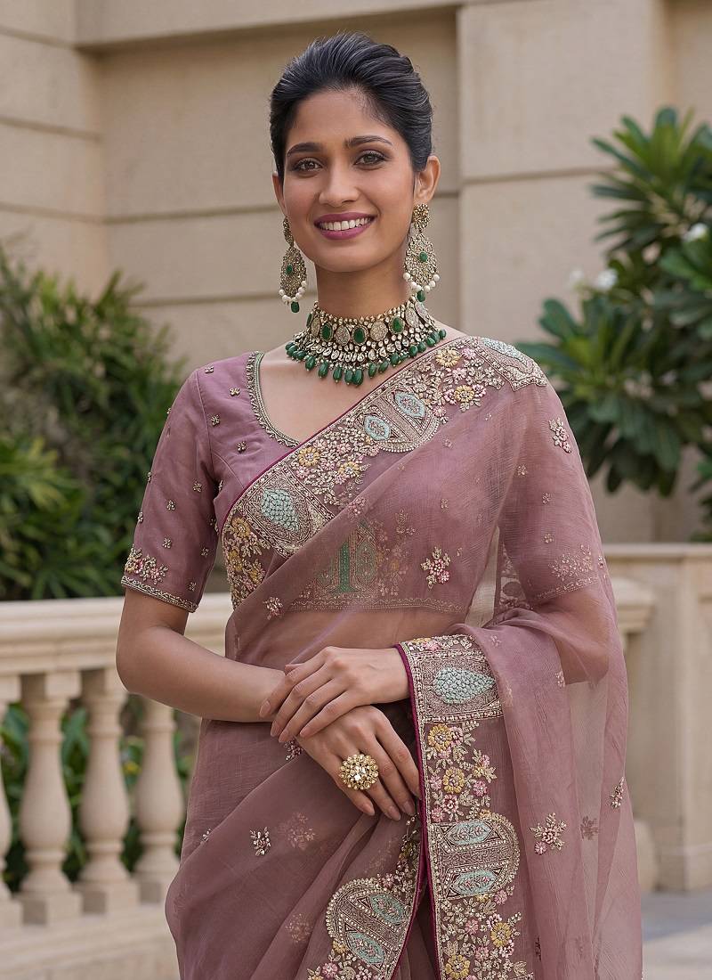 Onion Pink Color Patch Embroidered,Dori,Multi Thread,Zari,Sequins And Zircon Diamond Work Silk Blend Saree