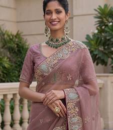 Onion Pink Color Patch Embroidered,Dori,Multi Thread,Zari,Sequins And Zircon Diamond Work Silk Blend Saree