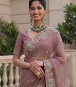 Onion Pink Color Patch Embroidered,Dori,Multi Thread,Zari,Sequins And Zircon Diamond Work Silk Blend Saree