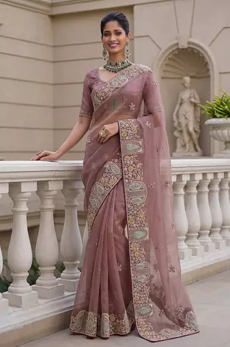 Onion Pink Color Patch Embroidered,Dori,Multi Thread,Zari,Sequins And Zircon Diamond Work Silk Blend Saree