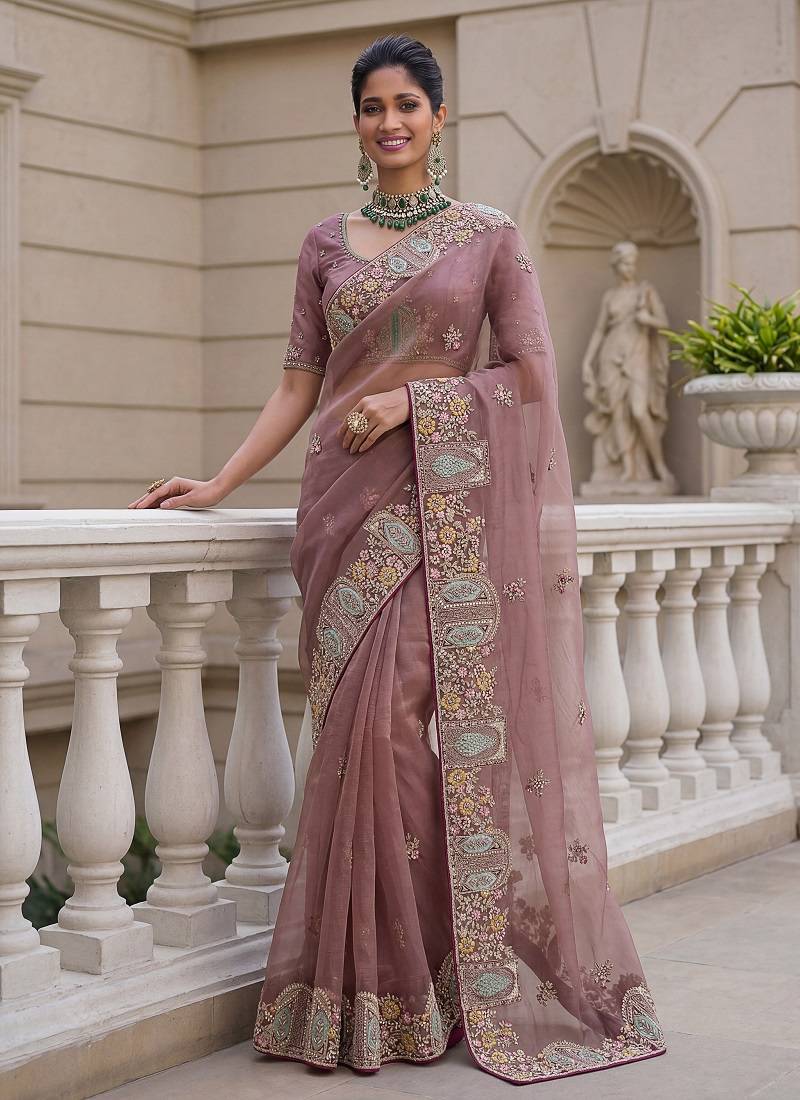 Onion Pink Color Patch Embroidered,Dori,Multi Thread,Zari,Sequins And Zircon Diamond Work Silk Blend Saree