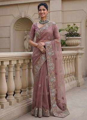 Onion Pink Color Patch Embroidered,Dori,Multi Thread,Zari,Sequins And Zircon Diamond Work Silk Blend Saree 3