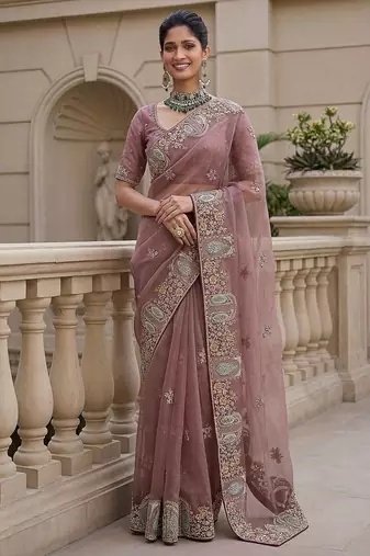 Onion Pink Color Patch Embroidered,Dori,Multi Thread,Zari,Sequins And Zircon Diamond Work Silk Blend Saree