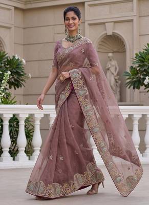 Onion Pink Color Patch Embroidered,Dori,Multi Thread,Zari,Sequins And Zircon Diamond Work Silk Blend Saree 4