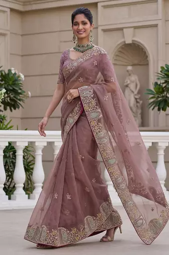 Onion Pink Color Patch Embroidered,Dori,Multi Thread,Zari,Sequins And Zircon Diamond Work Silk Blend Saree