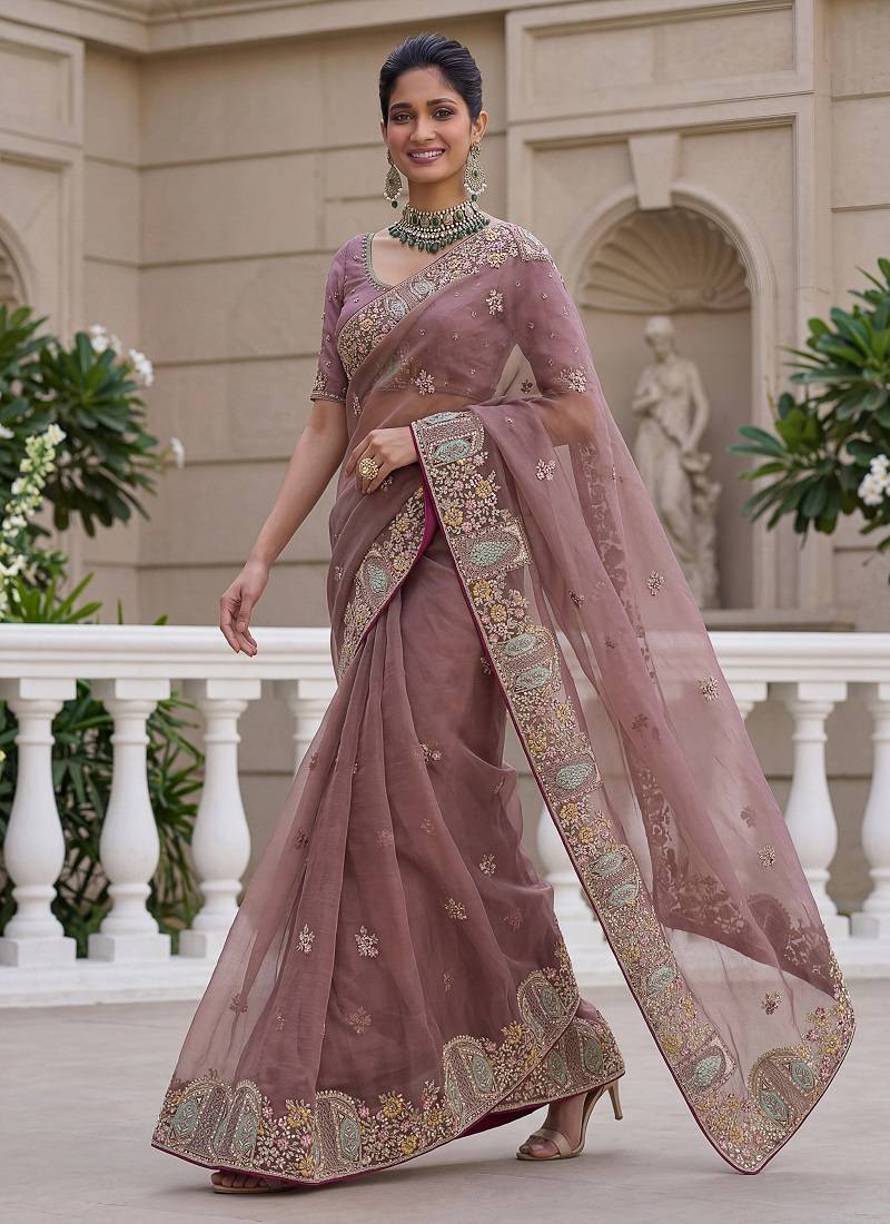 Onion Pink Color Patch Embroidered,Dori,Multi Thread,Zari,Sequins And Zircon Diamond Work Silk Blend Saree