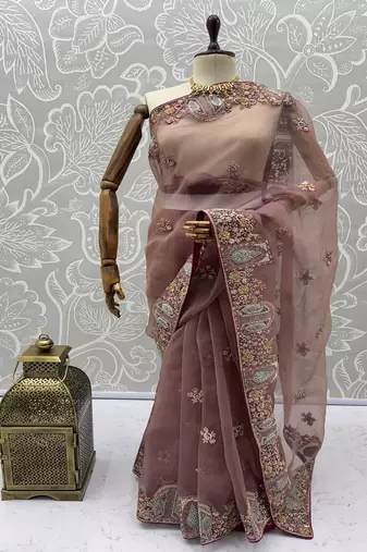 Onion Pink Color Patch Embroidered,Dori,Multi Thread,Zari,Sequins And Zircon Diamond Work Silk Blend Saree