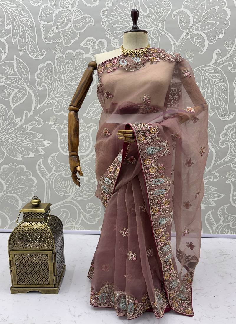Onion Pink Color Patch Embroidered,Dori,Multi Thread,Zari,Sequins And Zircon Diamond Work Silk Blend Saree