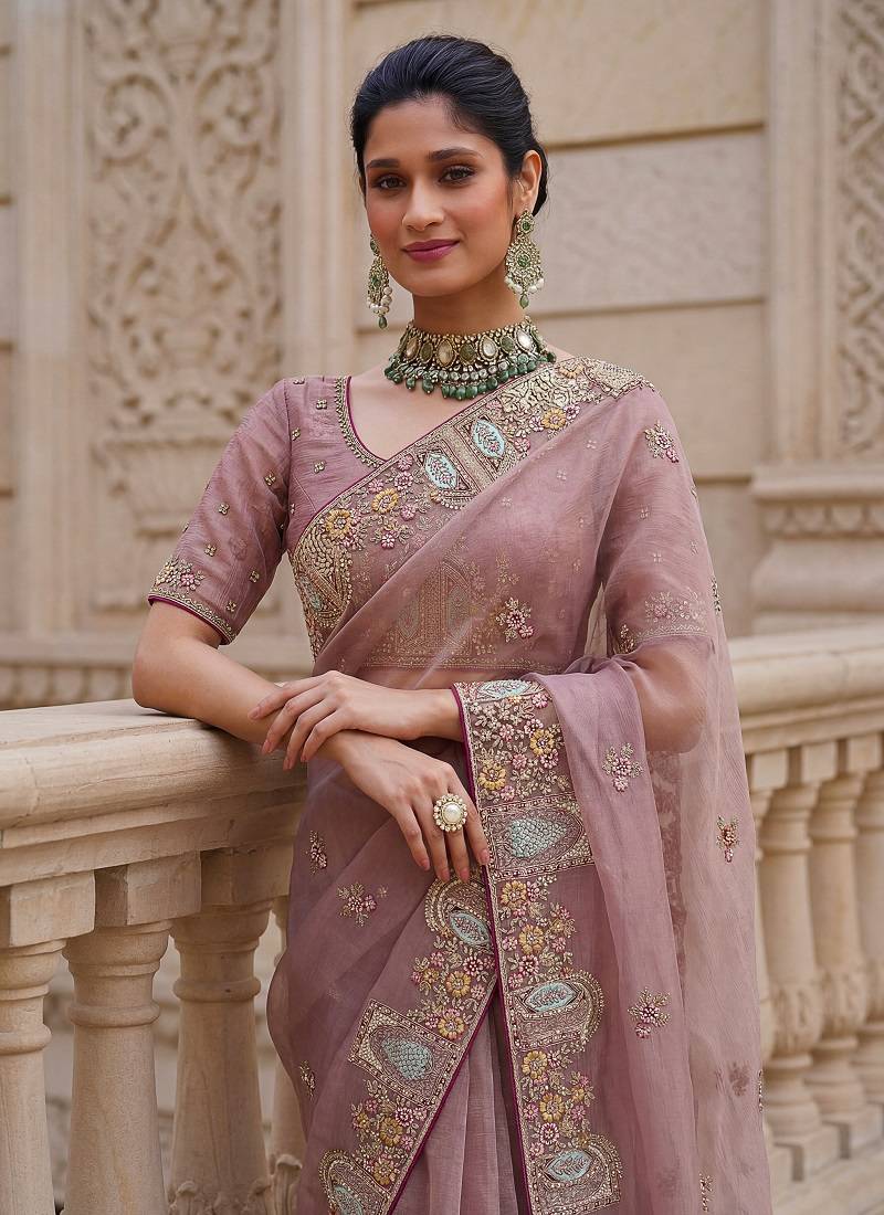 Pink Color Patch Embroidered,Dori,Multi Thread,Zari,Sequins And Zircon Diamond Work Silk Blend Saree