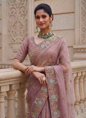 Pink Color Patch Embroidered,Dori,Multi Thread,Zari,Sequins And Zircon Diamond Work Silk Blend Saree 1