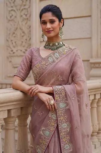 Pink Color Patch Embroidered,Dori,Multi Thread,Zari,Sequins And Zircon Diamond Work Silk Blend Saree