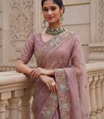 Pink Color Patch Embroidered,Dori,Multi Thread,Zari,Sequins And Zircon Diamond Work Silk Blend Saree