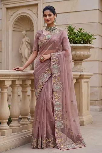 Pink Color Patch Embroidered,Dori,Multi Thread,Zari,Sequins And Zircon Diamond Work Silk Blend Saree