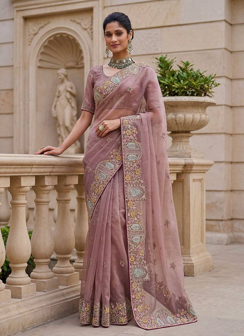 Pink Color Patch Embroidered,Dori,Multi Thread,Zari,Sequins And Zircon Diamond Work Silk Blend Saree