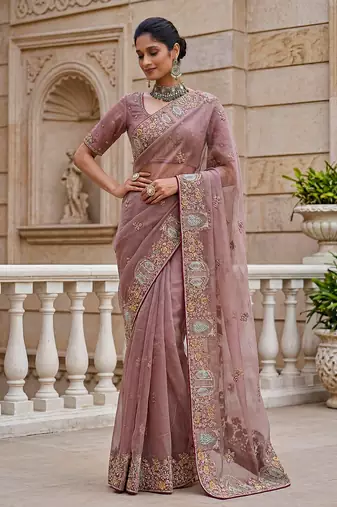 Pink Color Patch Embroidered,Dori,Multi Thread,Zari,Sequins And Zircon Diamond Work Silk Blend Saree