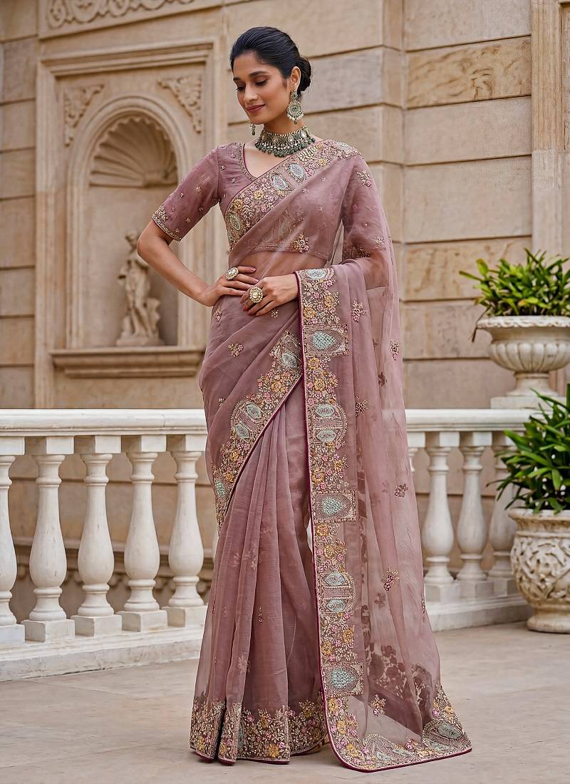 Pink Color Patch Embroidered,Dori,Multi Thread,Zari,Sequins And Zircon Diamond Work Silk Blend Saree
