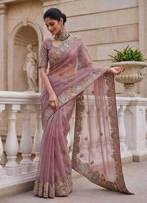 Pink Color Patch Embroidered,Dori,Multi Thread,Zari,Sequins And Zircon Diamond Work Silk Blend Saree 4