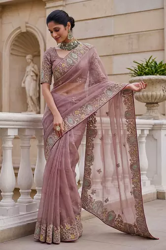 Pink Color Patch Embroidered,Dori,Multi Thread,Zari,Sequins And Zircon Diamond Work Silk Blend Saree