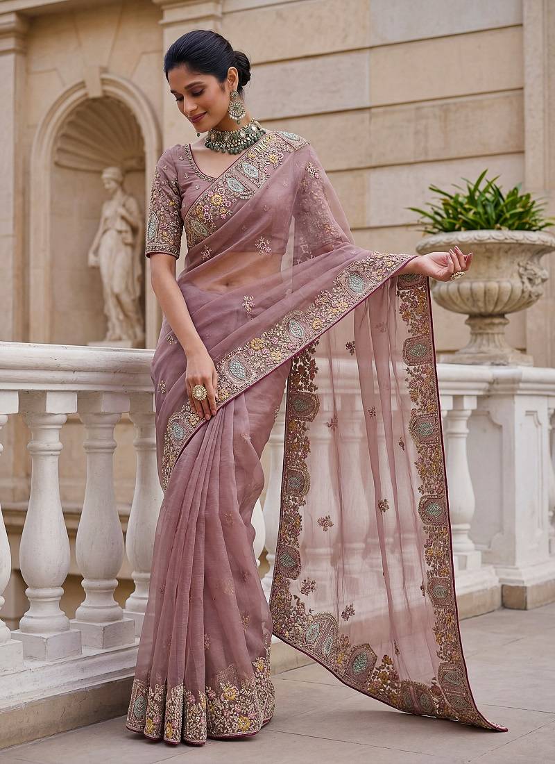 Pink Color Patch Embroidered,Dori,Multi Thread,Zari,Sequins And Zircon Diamond Work Silk Blend Saree