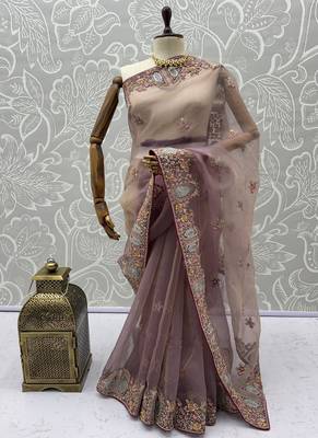 Pink Color Patch Embroidered,Dori,Multi Thread,Zari,Sequins And Zircon Diamond Work Silk Blend Saree 5