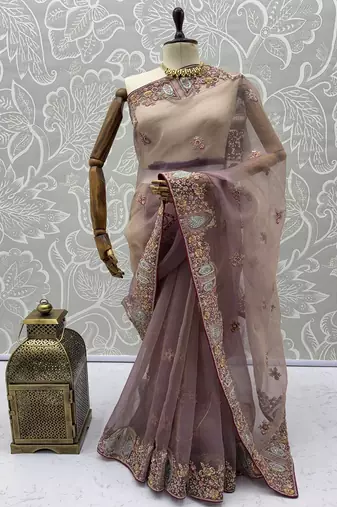 Pink Color Patch Embroidered,Dori,Multi Thread,Zari,Sequins And Zircon Diamond Work Silk Blend Saree