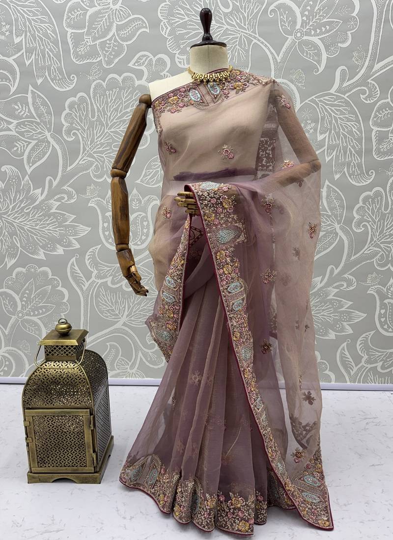 Pink Color Patch Embroidered,Dori,Multi Thread,Zari,Sequins And Zircon Diamond Work Silk Blend Saree