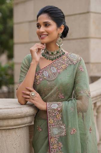Sea Green Color Patch Embroidered,Dori,Multi Thread,Zari,Sequins And Zircon Diamond Work Silk Blend Saree