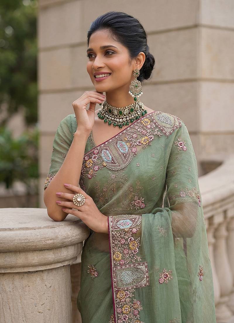 Sea Green Color Patch Embroidered,Dori,Multi Thread,Zari,Sequins And Zircon Diamond Work Silk Blend Saree