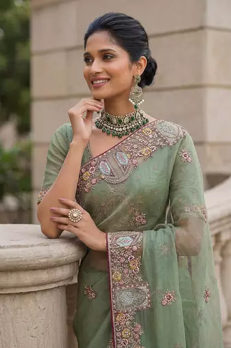 Sea Green Color Patch Embroidered,Dori,Multi Thread,Zari,Sequins And Zircon Diamond Work Silk Blend Saree