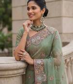 Sea Green Color Patch Embroidered,Dori,Multi Thread,Zari,Sequins And Zircon Diamond Work Silk Blend Saree