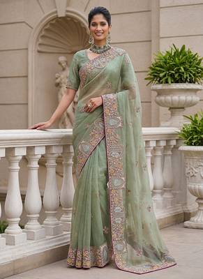 Sea Green Color Patch Embroidered,Dori,Multi Thread,Zari,Sequins And Zircon Diamond Work Silk Blend Saree 2