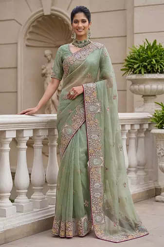 Sea Green Color Patch Embroidered,Dori,Multi Thread,Zari,Sequins And Zircon Diamond Work Silk Blend Saree