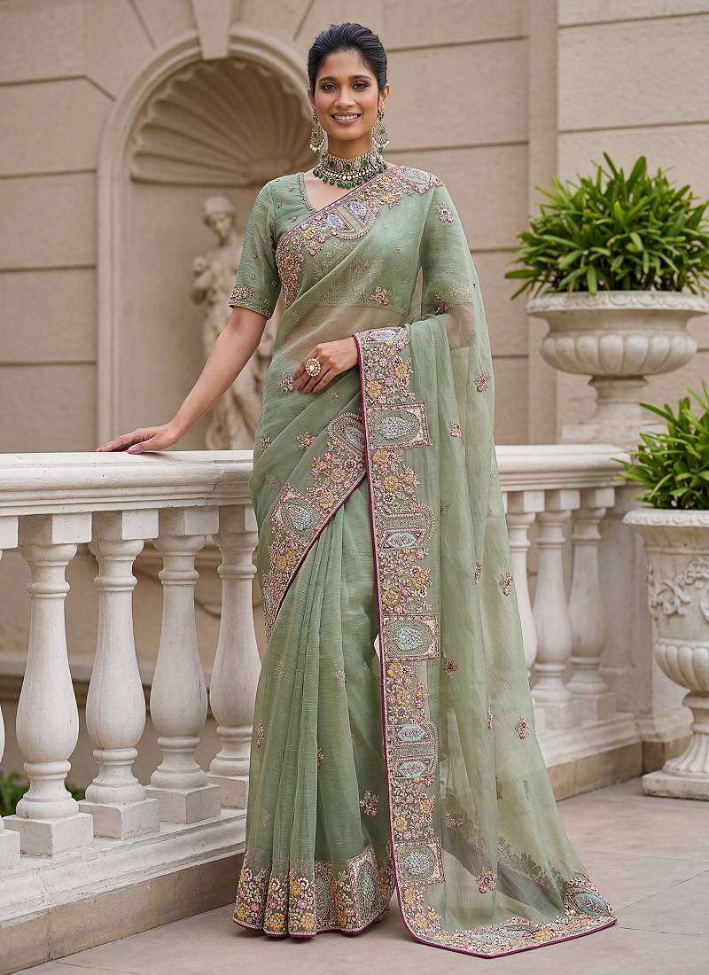 Sea Green Color Patch Embroidered,Dori,Multi Thread,Zari,Sequins And Zircon Diamond Work Silk Blend Saree