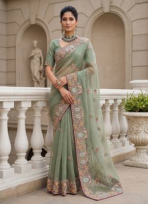 Sea Green Color Patch Embroidered,Dori,Multi Thread,Zari,Sequins And Zircon Diamond Work Silk Blend Saree 3