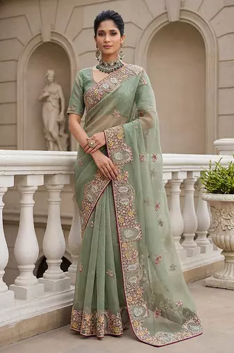 Sea Green Color Patch Embroidered,Dori,Multi Thread,Zari,Sequins And Zircon Diamond Work Silk Blend Saree