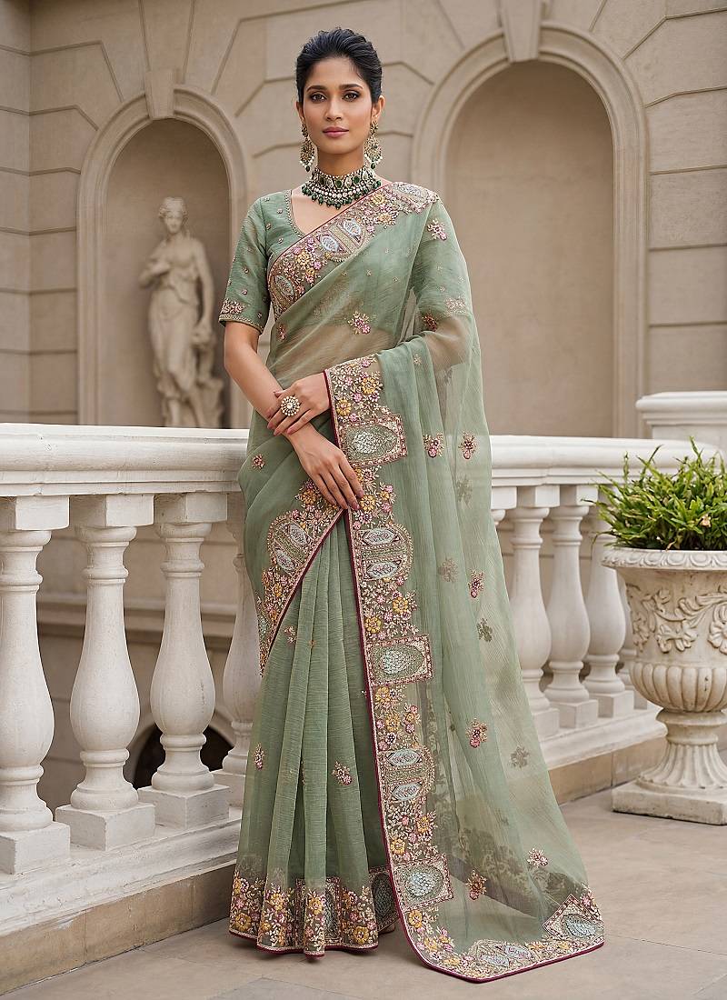 Sea Green Color Patch Embroidered,Dori,Multi Thread,Zari,Sequins And Zircon Diamond Work Silk Blend Saree