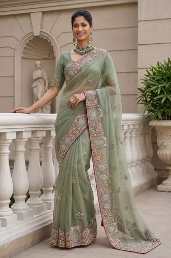 Sea Green Color Patch Embroidered,Dori,Multi Thread,Zari,Sequins And Zircon Diamond Work Silk Blend Saree