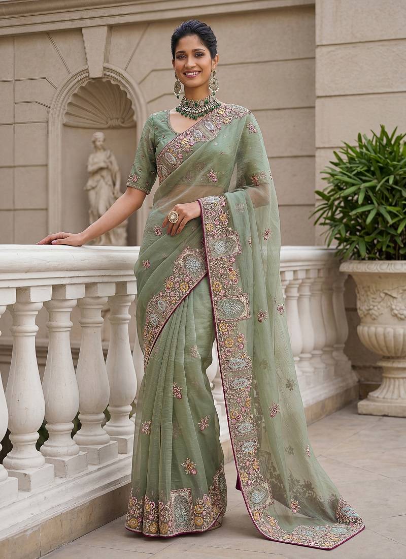 Sea Green Color Patch Embroidered,Dori,Multi Thread,Zari,Sequins And Zircon Diamond Work Silk Blend Saree