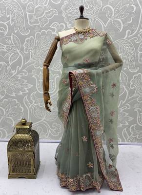Sea Green Color Patch Embroidered,Dori,Multi Thread,Zari,Sequins And Zircon Diamond Work Silk Blend Saree 5
