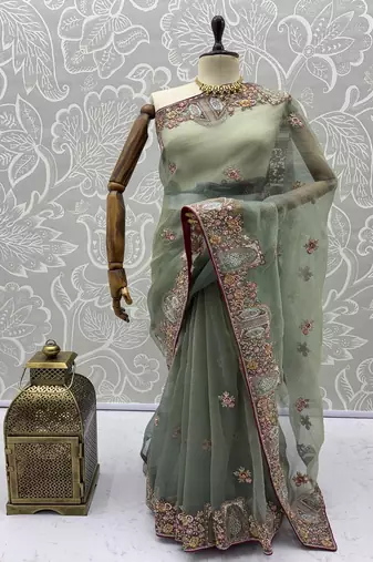 Sea Green Color Patch Embroidered,Dori,Multi Thread,Zari,Sequins And Zircon Diamond Work Silk Blend Saree