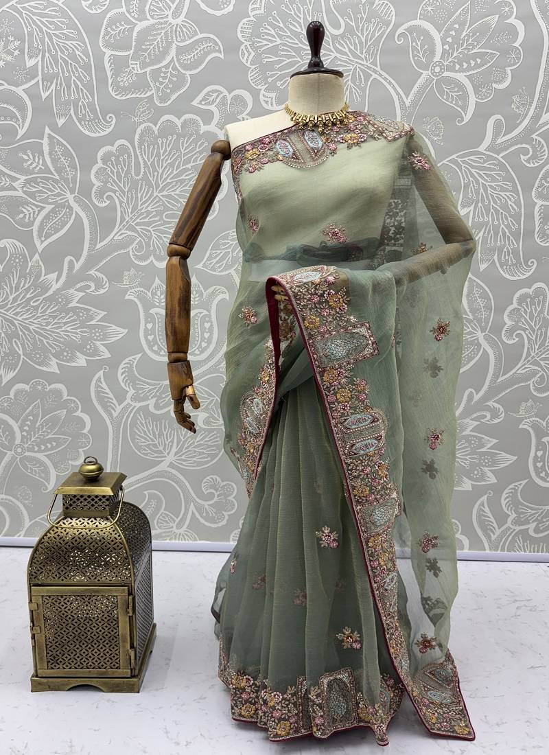Sea Green Color Patch Embroidered,Dori,Multi Thread,Zari,Sequins And Zircon Diamond Work Silk Blend Saree