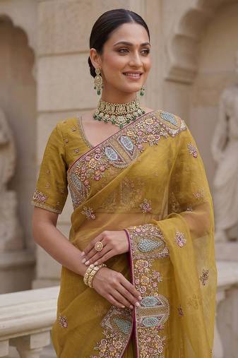 Yellow Color Patch Embroidered,Dori,Multi Thread,Zari,Sequins And Zircon Diamond Work Silk Blend Saree