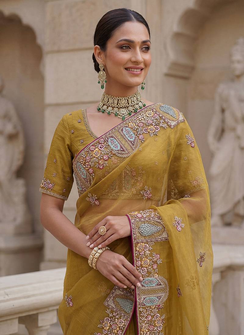 Yellow Color Patch Embroidered,Dori,Multi Thread,Zari,Sequins And Zircon Diamond Work Silk Blend Saree