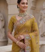 Yellow Color Patch Embroidered,Dori,Multi Thread,Zari,Sequins And Zircon Diamond Work Silk Blend Saree