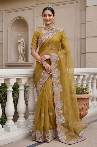 Yellow Color Patch Embroidered,Dori,Multi Thread,Zari,Sequins And Zircon Diamond Work Silk Blend Saree