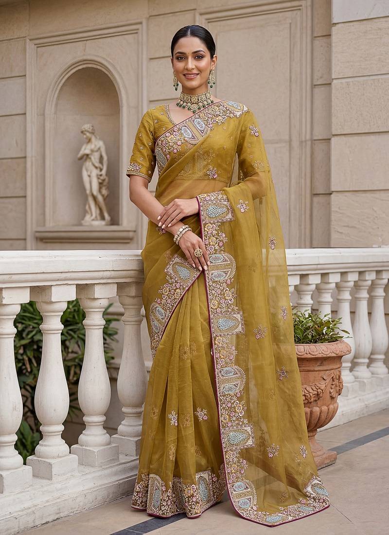 Yellow Color Patch Embroidered,Dori,Multi Thread,Zari,Sequins And Zircon Diamond Work Silk Blend Saree