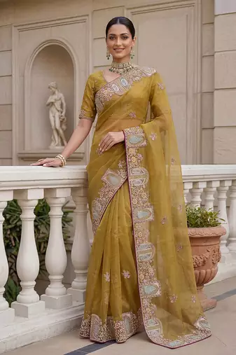 Yellow Color Patch Embroidered,Dori,Multi Thread,Zari,Sequins And Zircon Diamond Work Silk Blend Saree